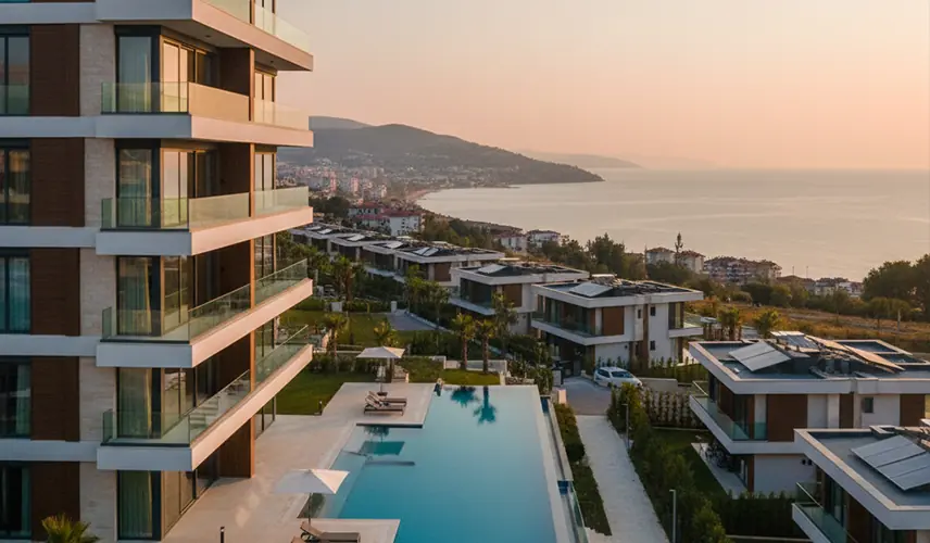 یک ساختمان آپارتمانی مسکونی مدرن و لوکس در یک شهر پر جنب و جوش ترکیه، نشاندهنده انواع ملک مناسب برای اقامت