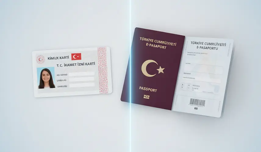 مقایسه بصری بین کارت مجوز اقامت ترکیه و پاسپورت ترکیه، برجسته کننده مزایای متمایز هر یک.