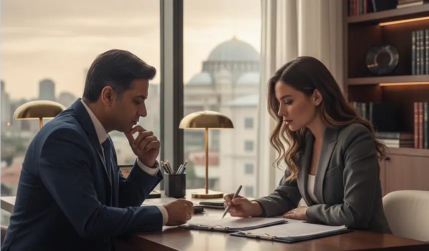 یک مشاور حقوقی حرفهای در حال راهنمایی مشتری در مورد سرمایهگذاری ملکی و اقامت در ترکیه در یک محیط اداری مدرن.