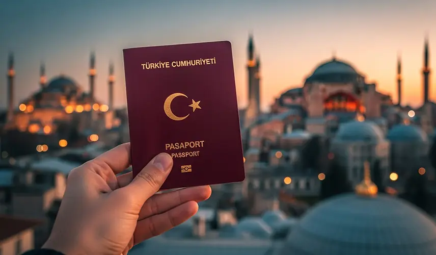 پاسپورت ترکیه در دست یک شهروند جدید با پسزمینهای از منظره ترکیه، نماد اخذ شهروندی از طریق خرید ملک