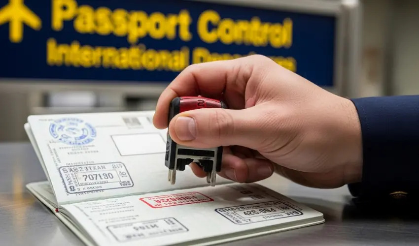 Exit stamp in the passport when passing through the Turkish passport control gate and checking for an entry ban.